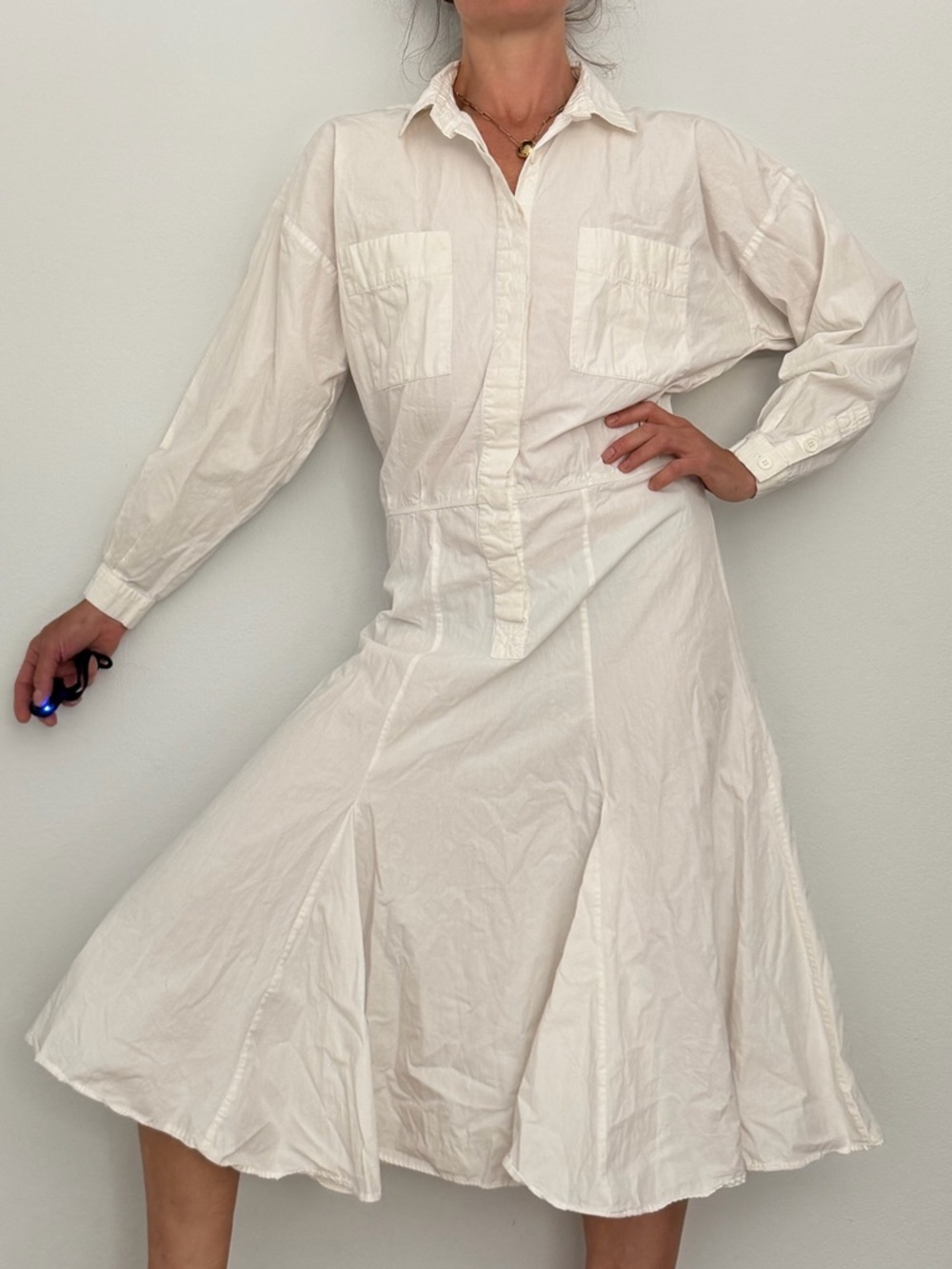 Vintage Avon Fashions 100% Cotton Long SleeveWhite Button-Front Midi Shirt Dress